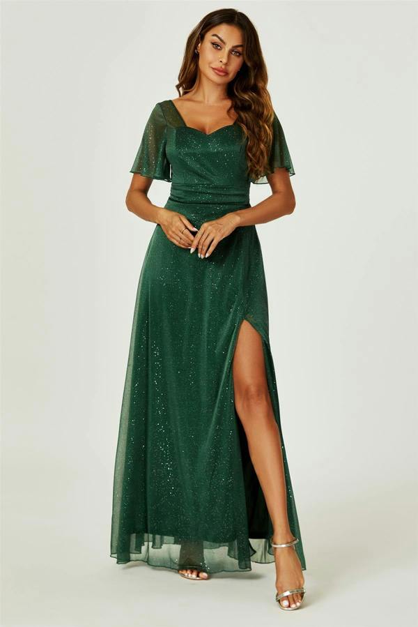 FS Collection Silver Sparkly Empire Waist Bridesmaid Maxi Dress In Green
