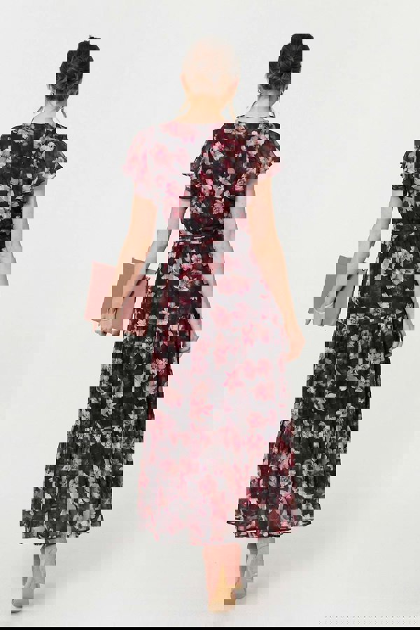 Black | Floral Angel Sleeve Tie Waist Maxi Dress
