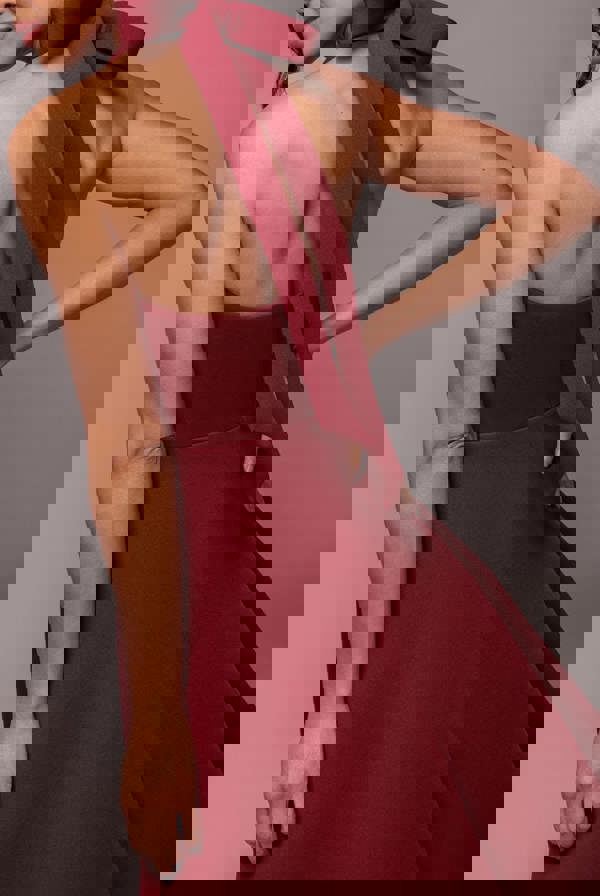 Contrast Organza Frill Bow Back Halter Midi Dress - Burgundy Black DR4770