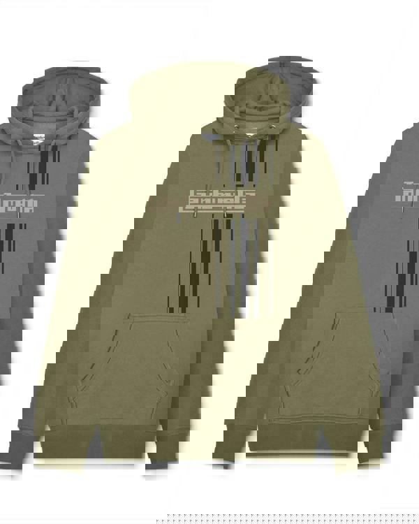 Lambretta Stripe Mens Pull Over Sweatshirt Hooded Hoodie, olive green hoodie with branding and stripe design, front pocket, and drawstring hood.