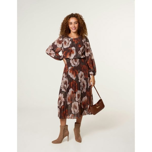 Blue Vanilla Large Watercolour Floral Scoop Neck Puffball Pleated Dress