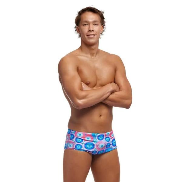 Men’s funky pink and blue patterned swim briefs in eco c-infinity fabric