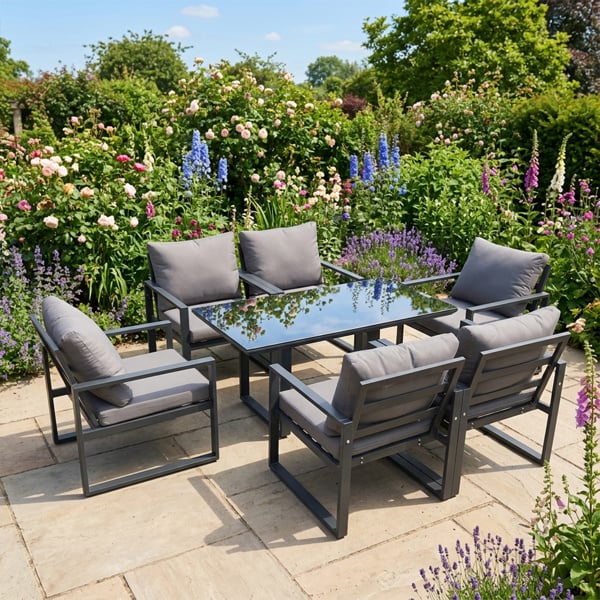 Fimous Aluminum Garden Furniture Dining Set Adjustable Rising Lifting Table And Chairs Patio Outdoor 6 Seat Black Tempered Glass Dark Grey