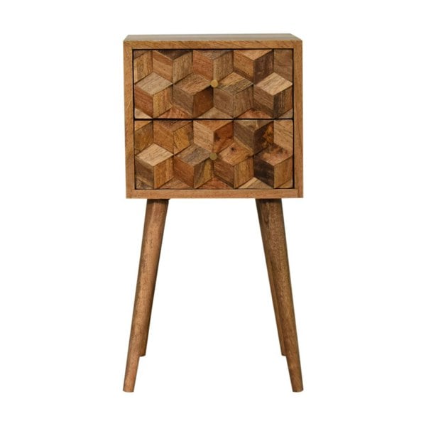 Artisan Furniture Solid Wood Mini Cube Carved 2 Drawer Bedside