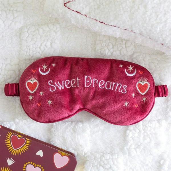 Burgundy velvet sleep mask with elastic straps and embroidered “Sweet Dreams” hearts