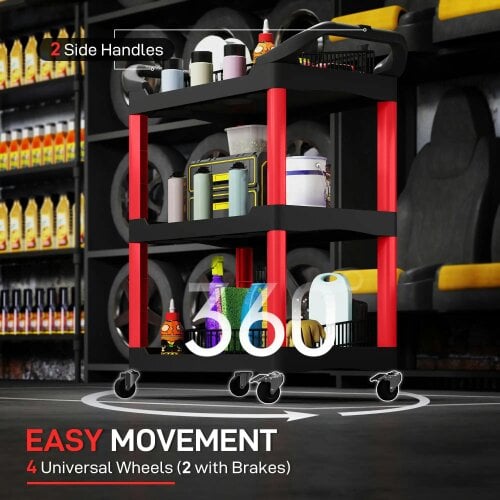 Bobobiy 3-Tier Rolling Tool Cart, Plastic Mobile Service Utility Cart with Handles for Garage, Mechanics and Warehouse, 91kg Capacity, Black and Red