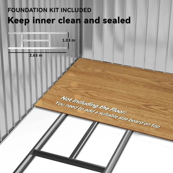 Metal garden shed foundation kit with steel frame and wood platform base