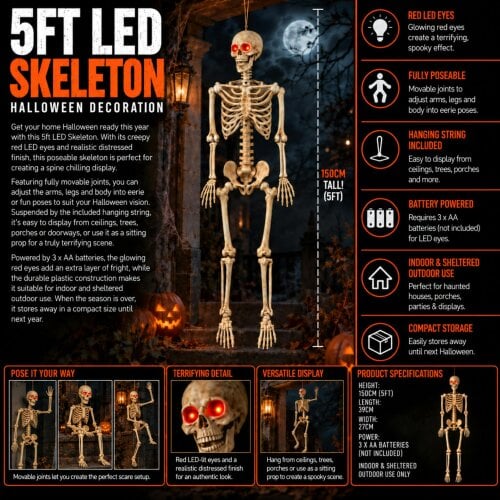 Samuel Alexander Pack of 3 5ft (150cm) Posable Full Body Halloween LED Skeleton Decoration with Movable Joints and LED Eyes