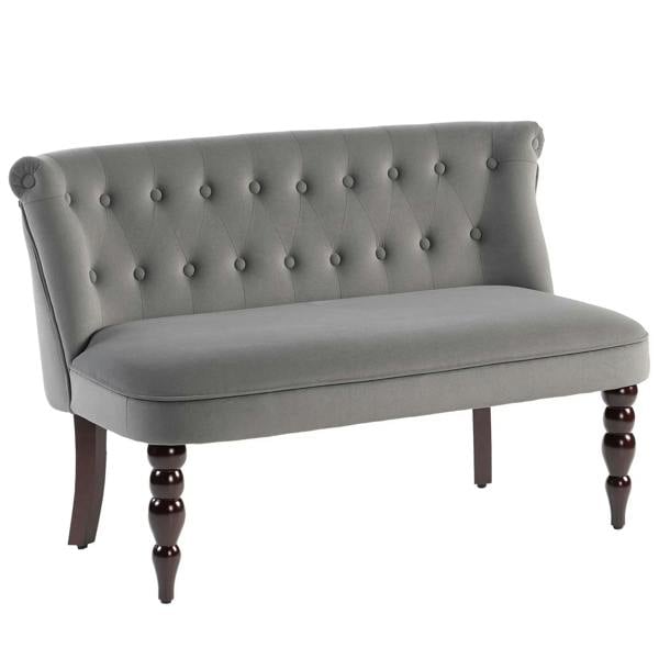 Charcoal grey velvet 2-seat sofa with button tufted wingback and turned wooden legs