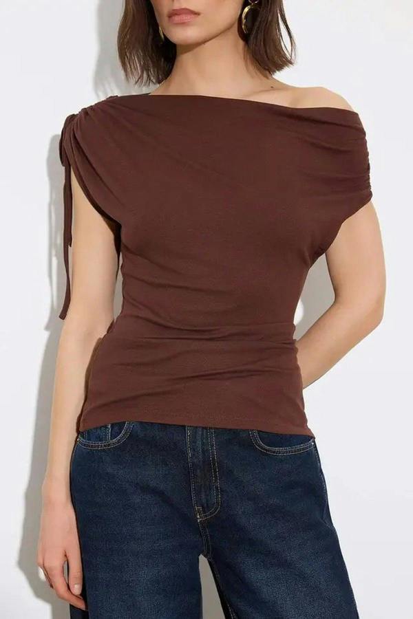 WOVCOR Regular Asymmetrical Collar Gathered Soft Knit Blouse