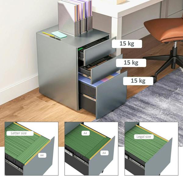 Grey lockable 3-drawer filing cabinet open, showing supported file storage and capacity labels
