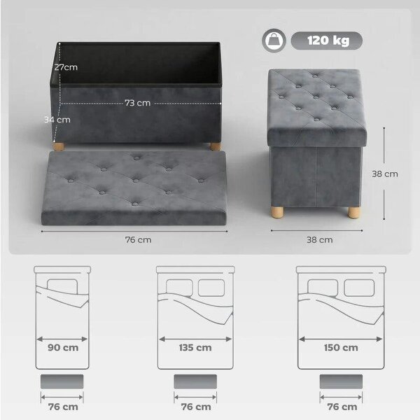 Velvet Upholstered Foldable Ottoman Footrest, Storage Ottoman Bench with Wood Legs for Living Room, Grey