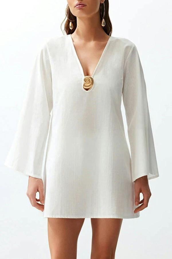 WOVCOR V Neck Long Sleeve Accessory Detail Beach Mini Dress