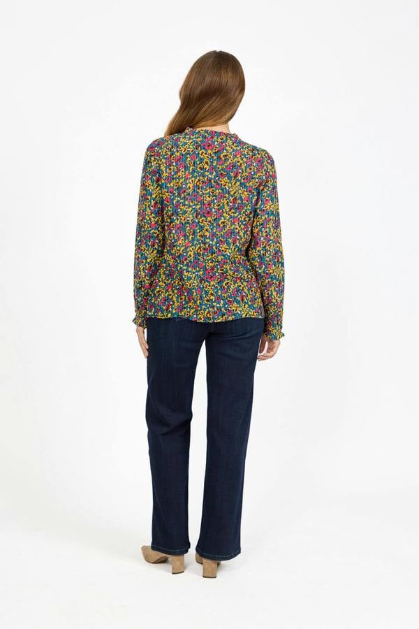 Mudflower Floral Printed Button-Up Blouse with Ruffle Detailing