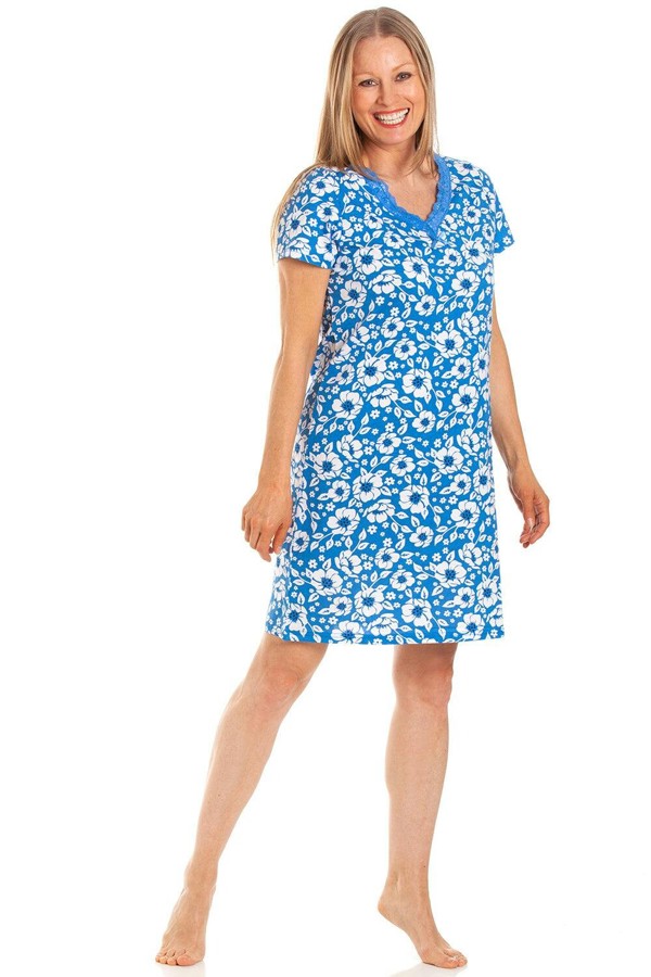 Camille Classic Rose Print Cotton Nightdress - sky blue floral