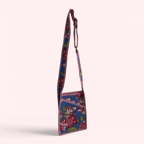 Hayley & Co Mini Cross Body Bag - Denim Blue and Pink Block Print Floral