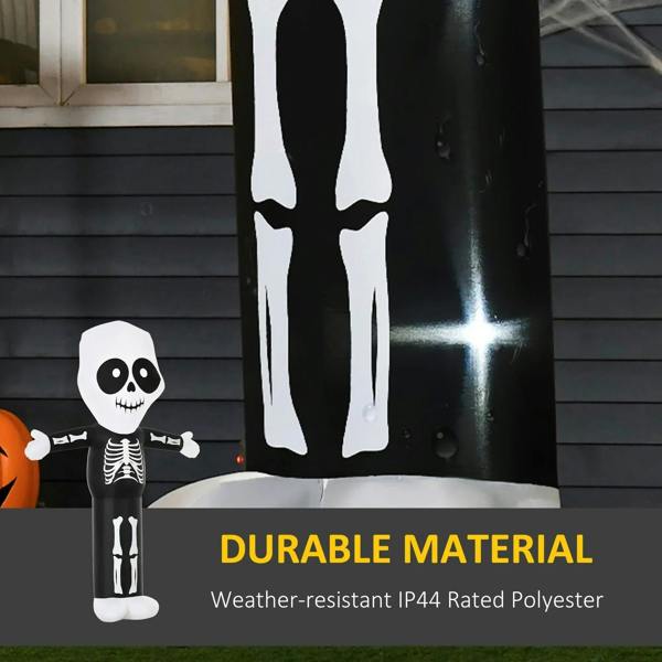 Inflatable LED skeleton decoration with black body and white bones, standing on patio.