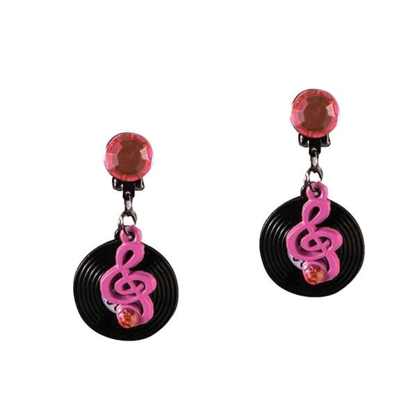 Bristol Novelty Unisex Adults Rock N Roll Record Earrings - Black/Pink - 