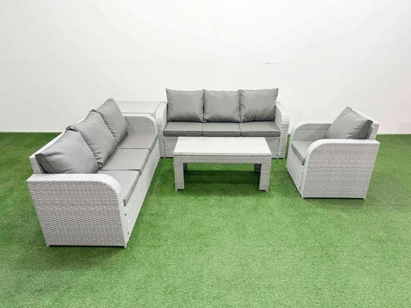 Fimous 7-Seater Poly Rattan Garden Furniture Set - Light Grey Outdoor Patio Sofa with Oblong Coffee Table & Reclining Chair