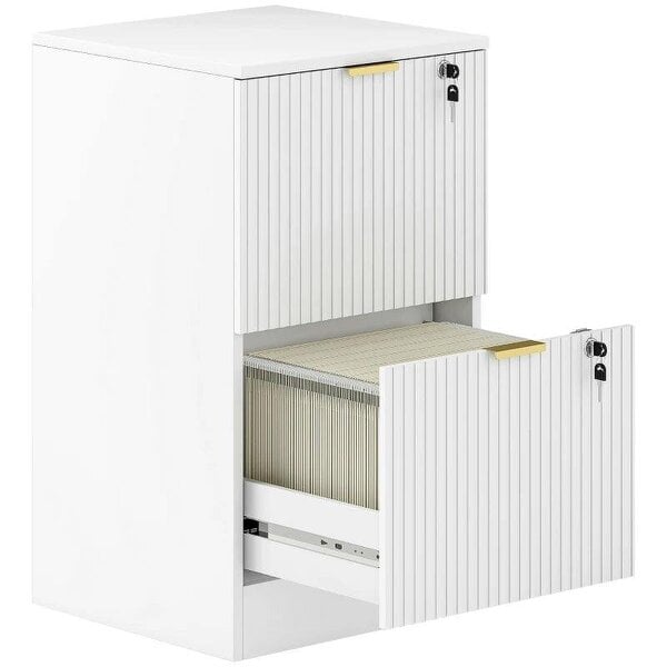 Filing Cabinet, Fluted Vertical File Cabinet with 2 Lockable Drawers and Hanging Rails, White