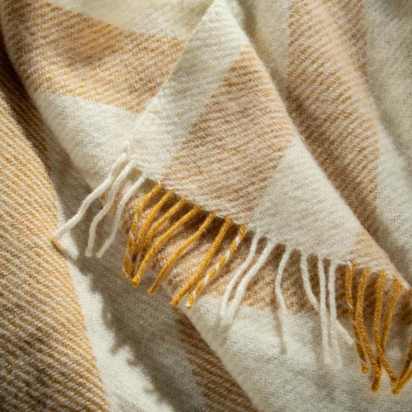 Yellow Ochre Brushed Wool Stripe Throw - breathable, bedroom detail | Soak and Sleep