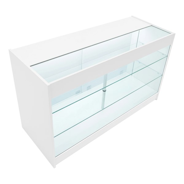 LED retail shop counter K1500 in sleek white with glass display shelves, modern design, ideal for showcasing products in stores