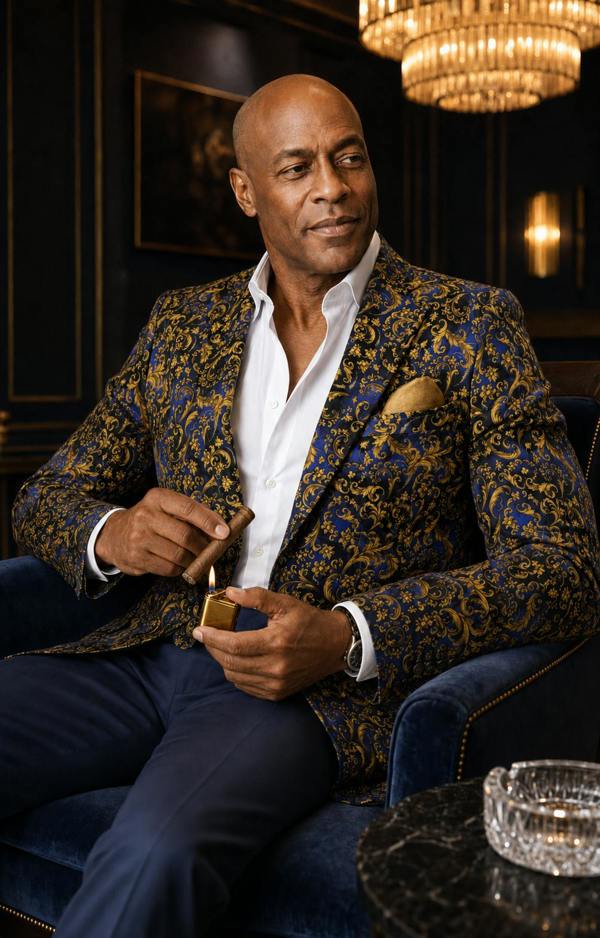 Navy and gold baroque print blazer styled for evening occasionwear