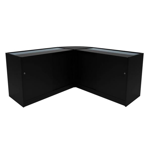 Black Adonis LED shop counter set featuring sleek design, glass display tops, and ample storage space for retail environments