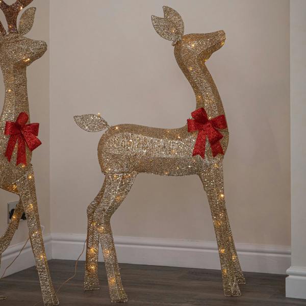 Samuel Alexander Set of 3 Gold Glitter Light Up Reindeer Family with 210 Warm White LEDs & Timer