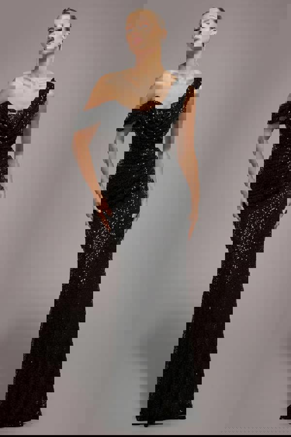 Sequin Cowl One Shoulder Maxi Dress - Black DR4020