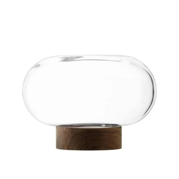 LSA Oblate Glass Vase Lantern 19.5cm with Walnut Base Clear