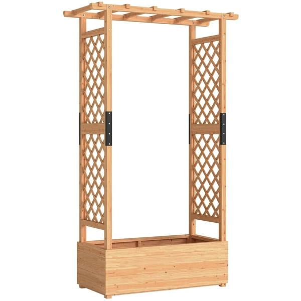 Natural wood planter bed with rectangular base and two lattice trellis panels