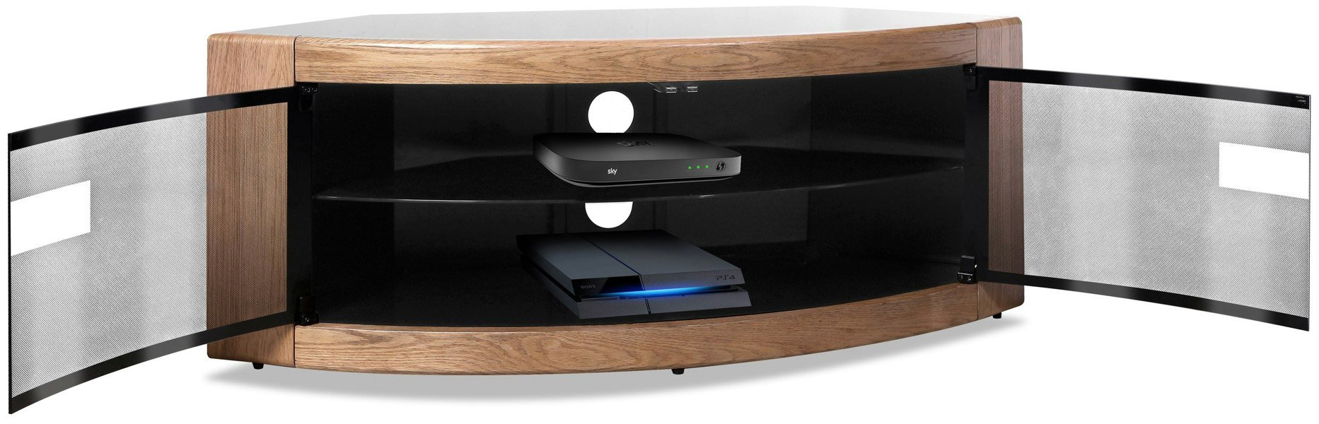 Centurion Supports PANGEA Black Oak Beam-Thru Curved Tru-Corner 32"-50" TV Cabinet
