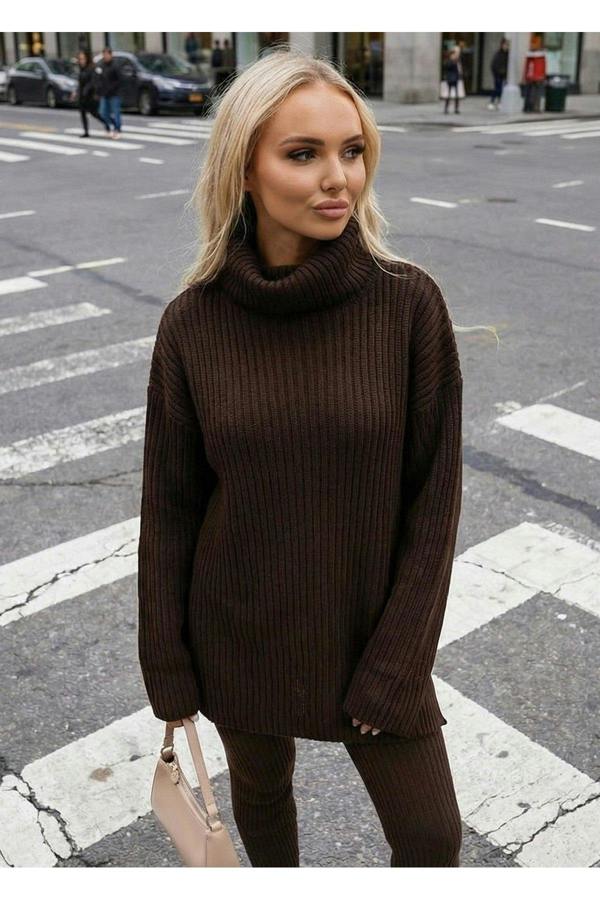 ikrush Mila Chunky Knitted High Roll Neck Top Bottom Co-ord Set