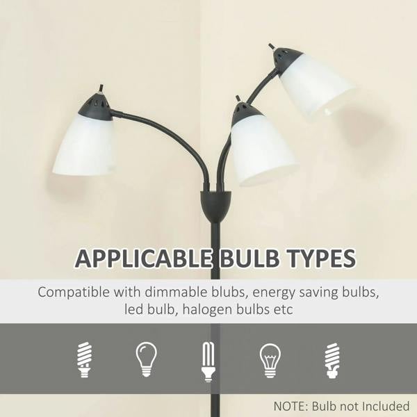 Black tree floor lamp with three adjustable heads and white shades, angled for direction