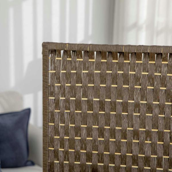 Close-up of brown woven wave pattern panels on a room divider privacy screen