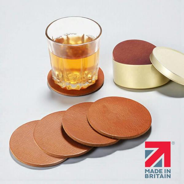 PRIMEHIDE Leather Coasters Set of 6 with Gold Tin – Handmade in the UK