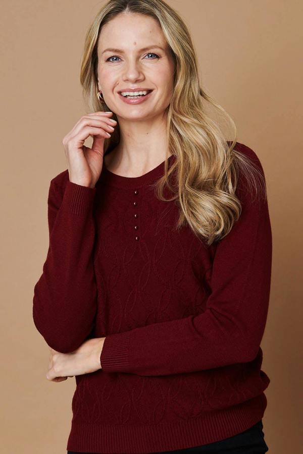 Red | Pearl Detail Textured Long Sleeve Top