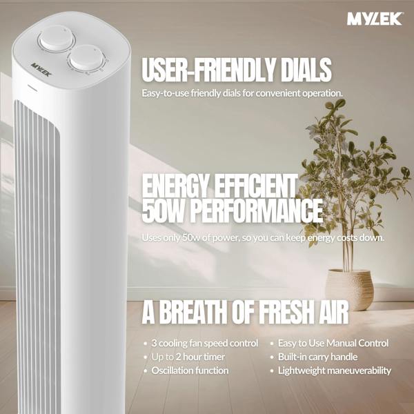 Mylek 30" Tower Fan - MYLEK - 3 Speeds - Timer - Oscillation
