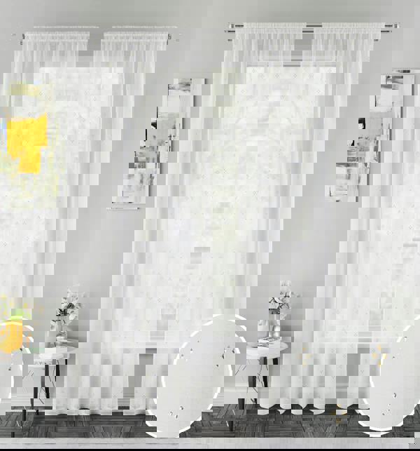 Tyrone Textiles Destiny Metallic Diamond Print On Sheer Linen Look Fabric with Rod Pocket Header - Ready To Hang