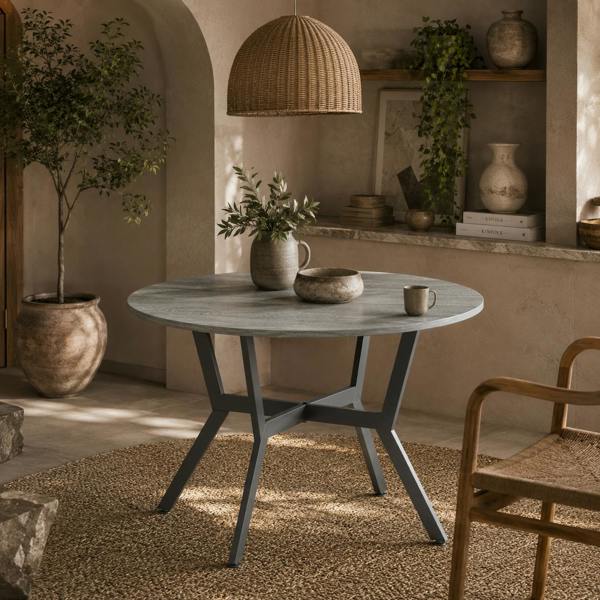 Wyld Haus Donato Grey Round Dining Table With Black Metal Legs And Anti Slip Feet 90cm