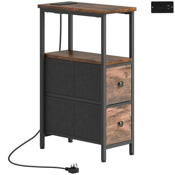 Rustic brown narrow bedside table with charging outlet and 2 drawers, open shelf