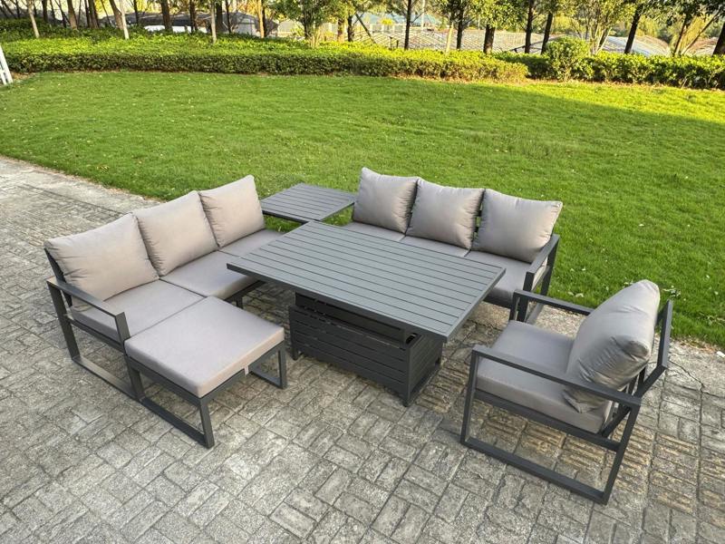 Fimous Aluminium Garden Furniture Sets,8 Seater Outdoor Sofa Dining Set with Adjustable Rising Lifting Dining Table Side Table Big Footstool Dark Grey