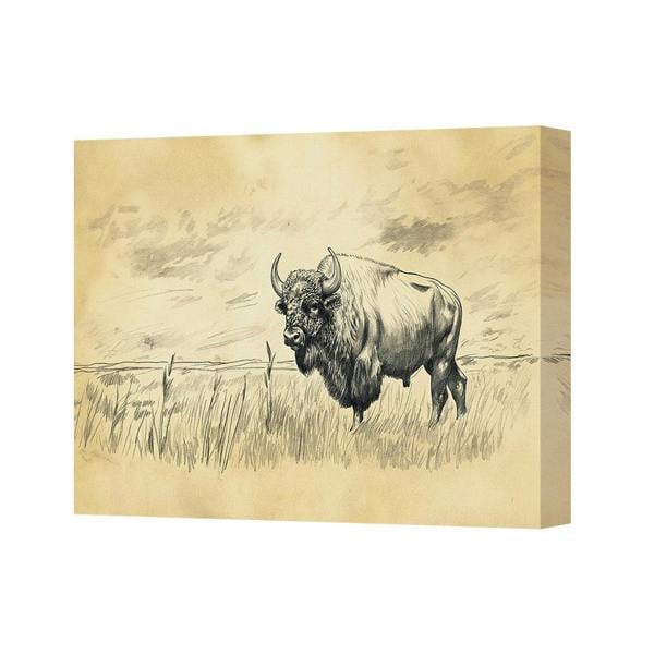 Benjamin Tate Design Buffalo In Open Field Vintage Sepia Sketch Canvas Wall Art Print