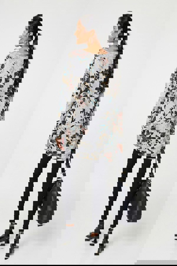 Grey | Floral Wide Neck Relaxed Long Sleeve Top
