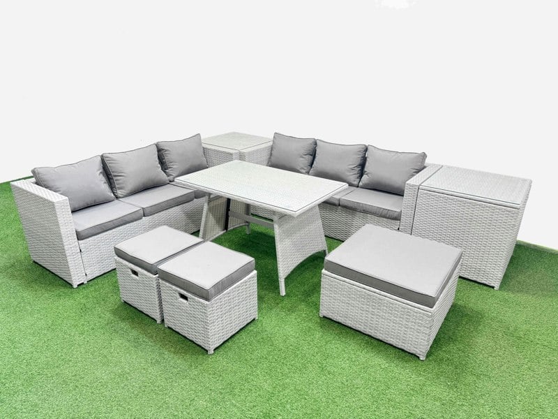 Fimous Rattan Garden Furniture Dining Set 9 seater Patio Rectangular Table 3 Seater Sofa Set with 2 Side Tables 3 Stools Light Grey