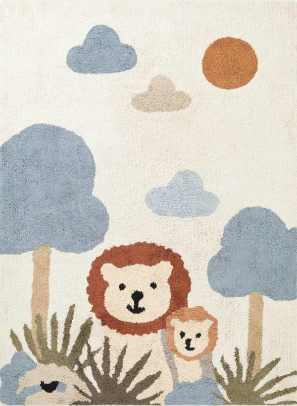 Children's rug with lion design and colorful trees and clouds