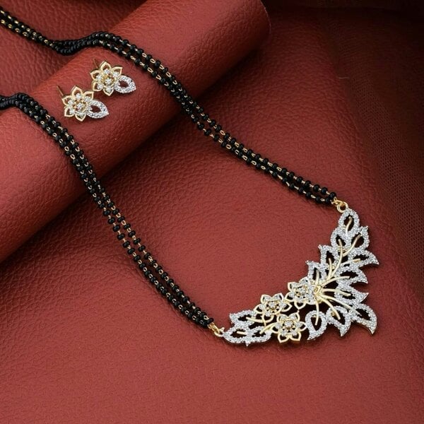 The Colourful Aura Indian Nazaria Silver Floral Zircon Mangalsutra Black Beads Earring and Pendant Necklace