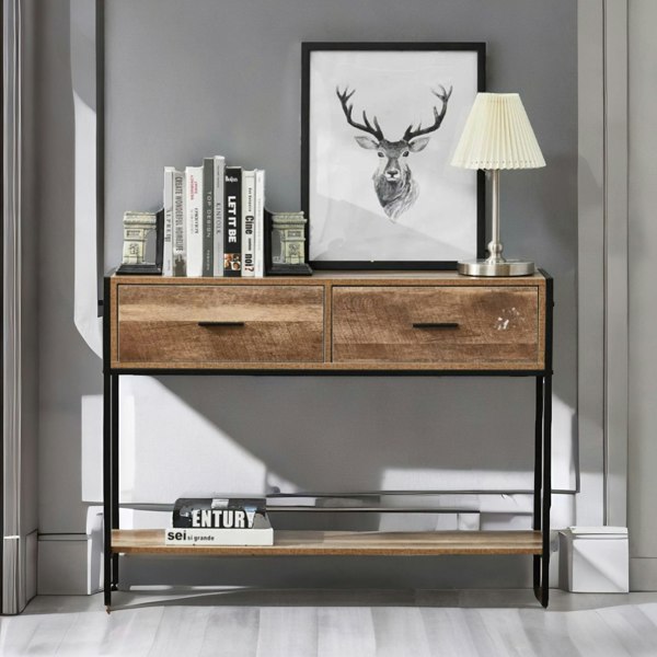 Rafaelo Mobilia Industrial Console Table With 2 Drawers & Storage Shelf