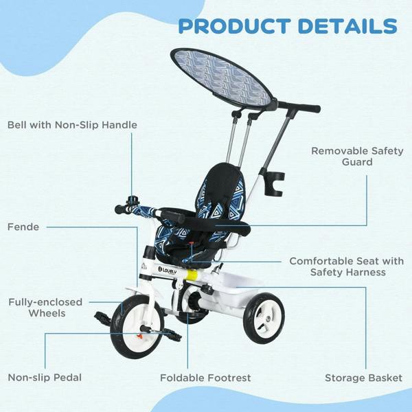 Kids tricycle details: safety guard, seat harness, enclosed wheels, storage basket